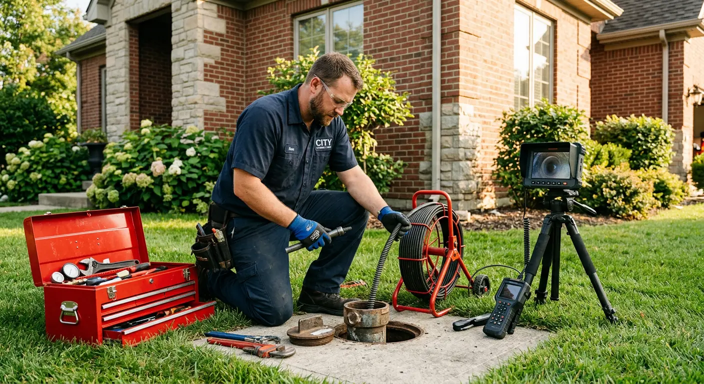 Sewer specialist with camera equipment servicing a cleanout in Broadlands