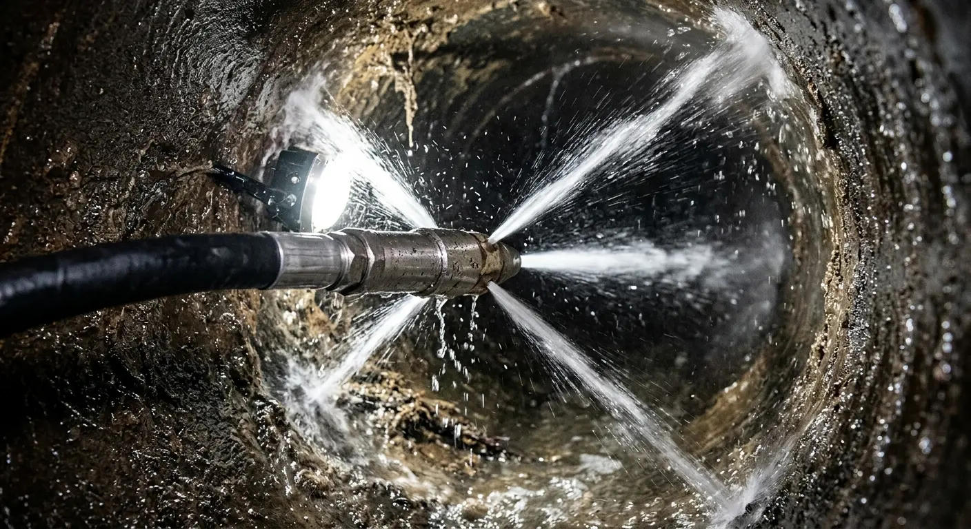 High-pressure hydro jetting nozzle cleaning sewer pipe for Sewer Cleanout in Broadlands