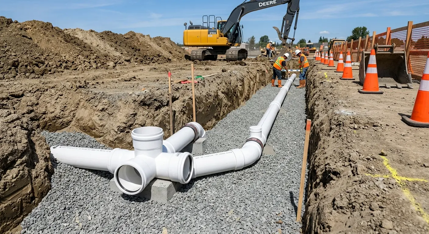 New PVC sewer pipe installation in open trench for Sewer Backup in Broadlands