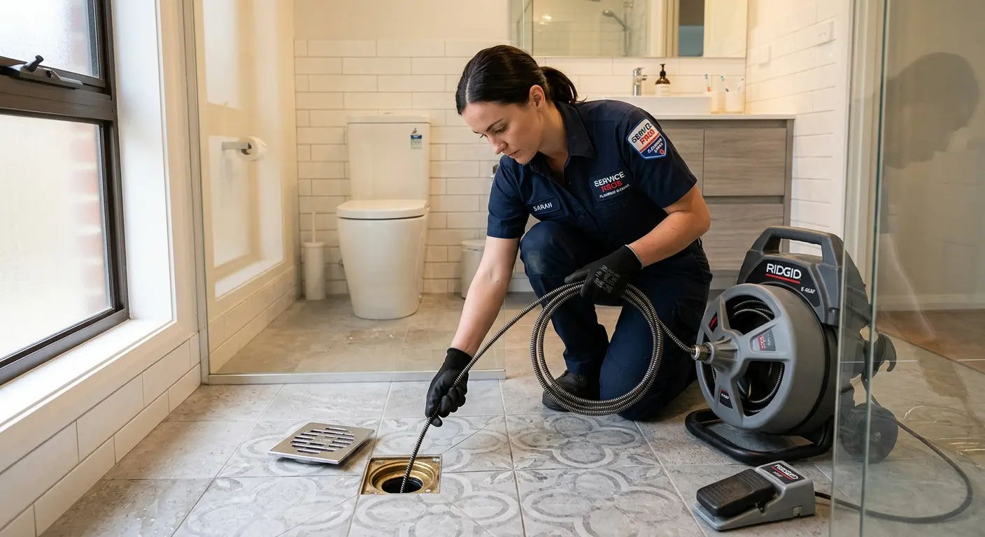 Technician clearing a bathroom floor drain for Drain Cleaning in Broadlands